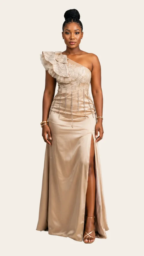 champagne-gown Champagne Beaded Evening Gown