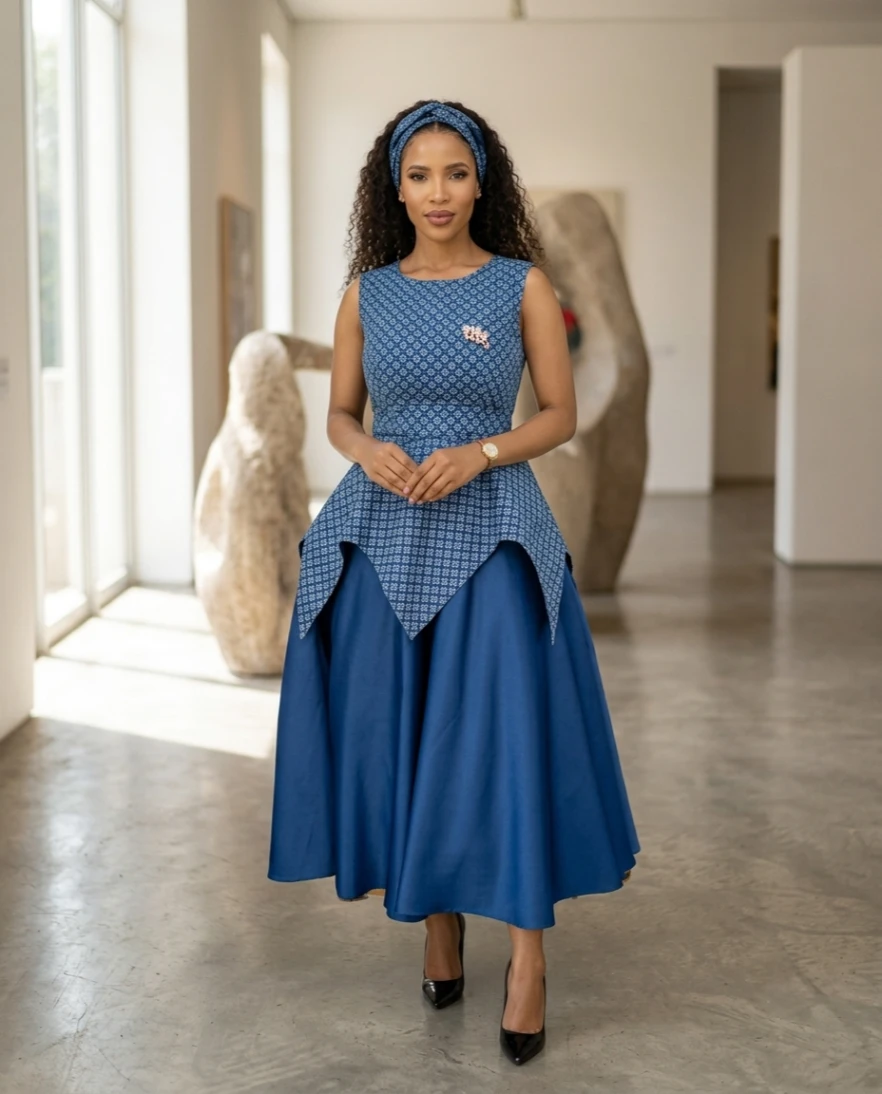 Bespoke shweshwe dress made in Pretoria studio