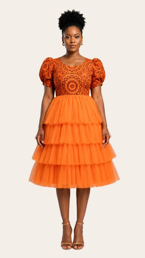 orange-shweshwe-dress Seshweshwe Orange Tulle Dress