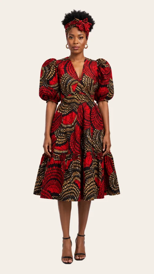 red-print-wrap-dress Ankara Puff-Sleeve Midi Dress