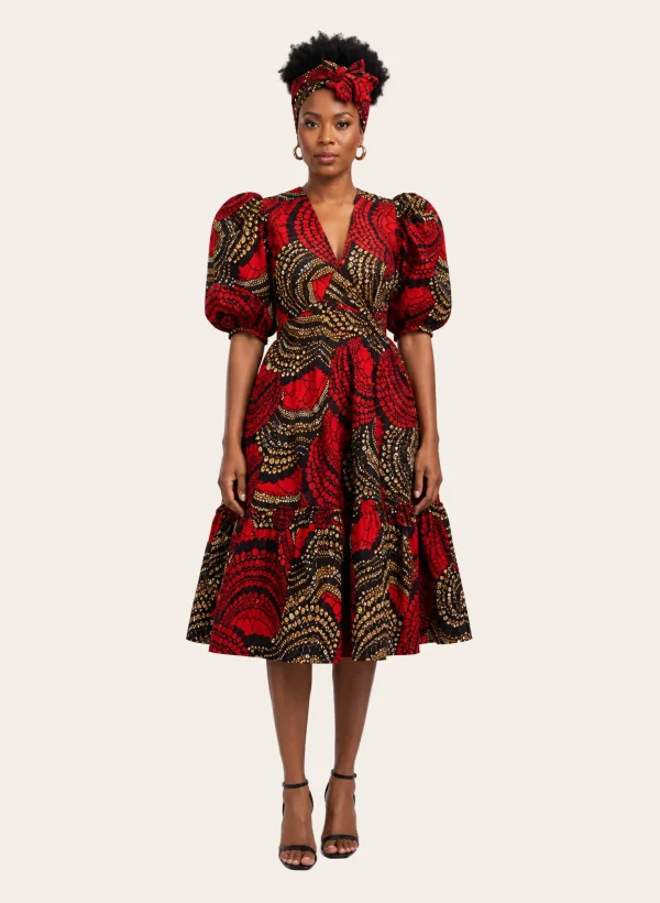 Ankara Puff-Sleeve Midi Dress