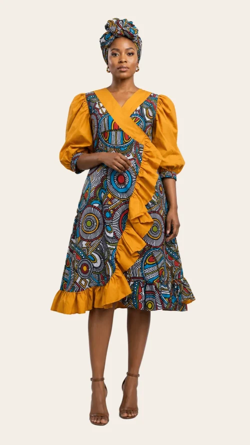 yellow-print-wrap-dress Ankara Wrap Ruffle Dress